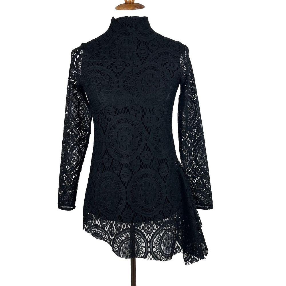 Soft Surroundings Top Black Lace Crochet‎ Asymmetric Long Sleeve Tunic Womens XS